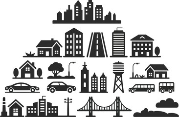 Obraz premium City silhouette vector illustration with buildings and transportation icons