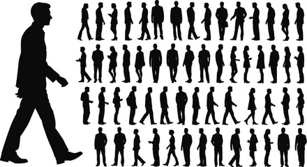 Black silhouettes of people walking and standing