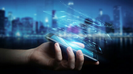 A hand holding a smartphone, illustrating the Concept of technology in a futuristic cityscape at dusk with data streaming