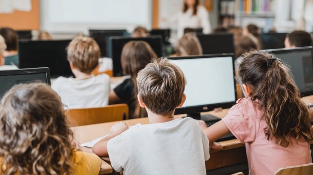 Group of children in a computer lab during a lesson. Kids learning internet usage and digital skills in school or after school program.