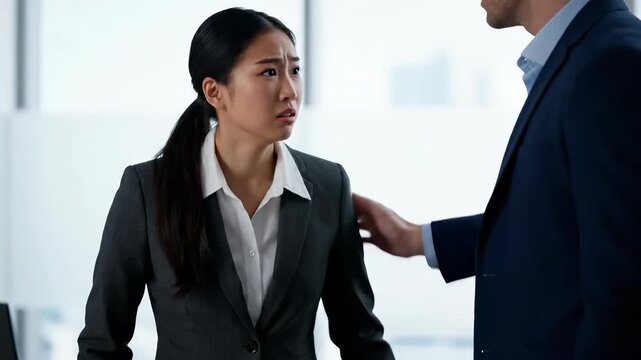 Young Asian businesswoman feeling uncomfortable and distressed as a male colleague places a hand on her shoulder. Concept of workplace harassment, boundaries, and office ethics.