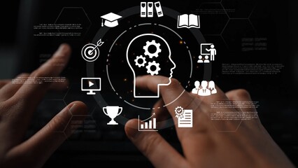 Digital concept of learning and development with a brain icon and technology symbols representing...