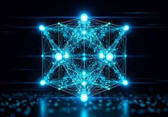 Fototapeta premium Complex Abstract Digital Cube Network with Interconnected Nodes and Blue Light Rays for Big Data and Computing