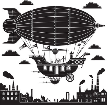 Steampunk dirigible flying over industrial city skyline