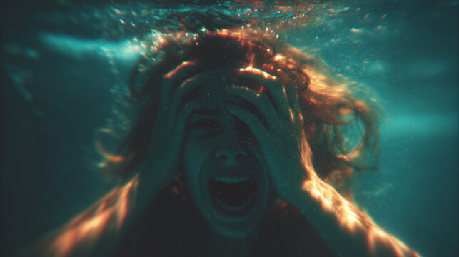 Woman screaming underwater with air bubbles and motion blur creating dramatic panic scene for thriller movie posters psychological horror concepts or disaster survival themes	
