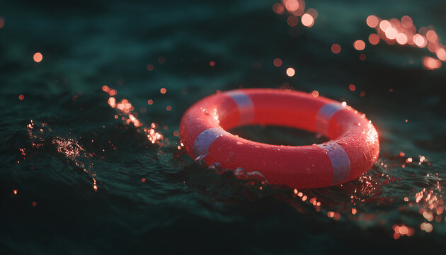 Floating life buoy drifting on open water surface with dynamic splashes for marine safety campaigns, emergency rescue services concepts, ocean survival training materials or disaster thriller