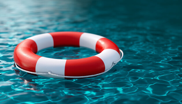Floating life buoy drifting on open water surface with dynamic splashes for marine safety campaigns, emergency rescue services concepts, ocean survival training materials or disaster thriller