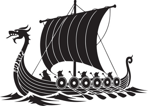 Viking longship with dragon head prow sailing black icon