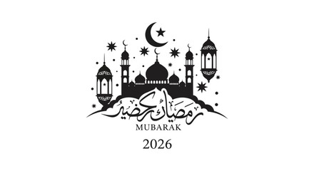 A beautiful ramadan kareem greeting card featuring a mosque and crescent moon silhouette high quality professional detailed modern © nhpvect02