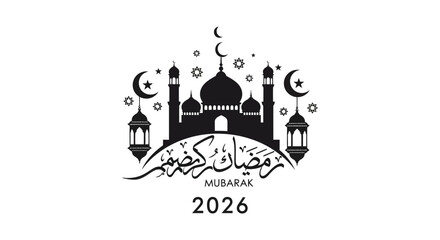 A detailed ramadan kareem greeting card featuring a mosque and crescent moon silhouette high quality professional modern elegant © nhpvect02