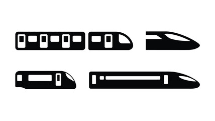 Collection of minimalist vector silhouettes of modern high speed trains in various styles and angles on white background for design and transportation concepts © Tuli