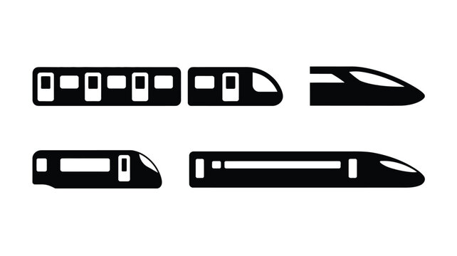 Collection of minimalist vector silhouettes of modern high speed trains in various styles and angles on white background for design and transportation concepts