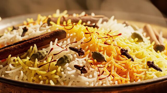 Close up of Aromatic Saffron Rice Pilaf With Whole Spices in Warm Lighting