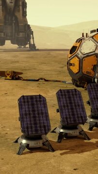 A habitat is established on Mars featuring solar panels for energy. Nearby, a landing module stands sentinel, highlighting human efforts to colonize the red planet.