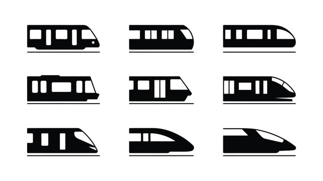 Collection of minimalist vector train icons in black on white background for design and transportation concepts