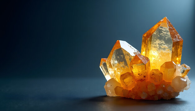 Close-up of a cluster of bright orange citrine quartz crystals with a dark background