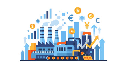 Industrial Economic Growth and Manufacturing Prosperity: Factory Production with Upward Financial Trends and Global Currency Symbols
