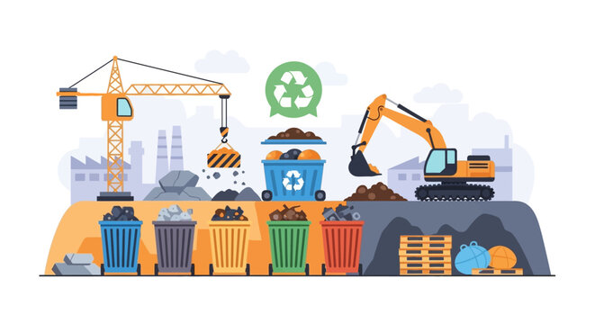 Construction Waste Management & Recycling Process Illustration. Industrial site with crane, excavator, and sorted bins for sustainable practices.