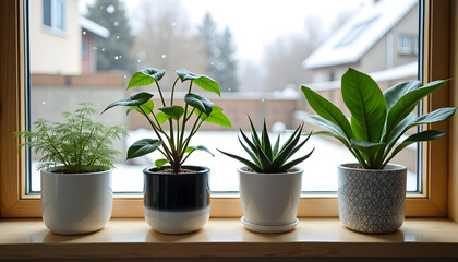 Fototapeta premium Houseplants thrive on a windowsill with falling snow outside, bringing life indoors