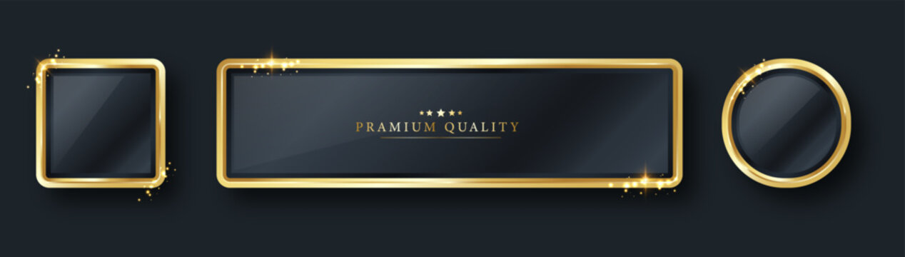 Luxury gold button badge with metallic shine detail on black background. Premium golden sticker label for pricing, branding and exclusive offers