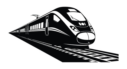 A sleek modern high speed train is dynamically illustrated in a striking black silhouette high quality professional detailed elegant © nhpvect02