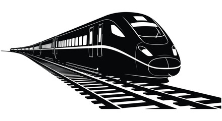 A sleek modern high speed train rushes forward on tracks depicted in a striking silhouette high quality professional detailed © nhpvect02