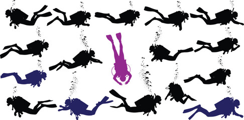 Scuba diver silhouette collection, underwater diving poses with bubbles flat vector illustration isolated on white background © Mostafizar