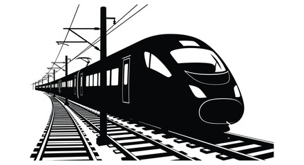 A sleek modern high speed train travels along railway tracks depicted in striking black silhouette high quality professional detailed © nhpvect02