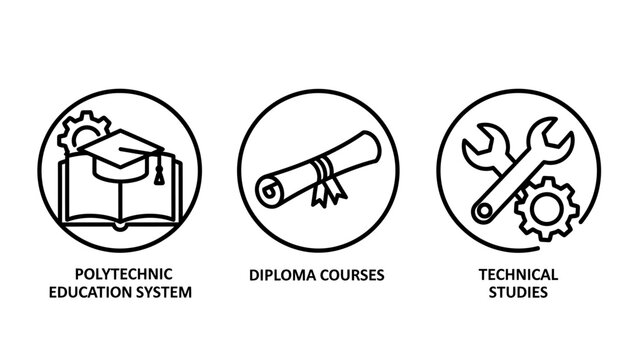 Technical education and polytechnic study icons featuring academic books, graduation diploma scroll, and engineering tools like wrench and gear for vocational training courses