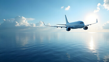 Naklejka premium Commercial airplane flying over the ocean with sun reflecting on the water and clouds