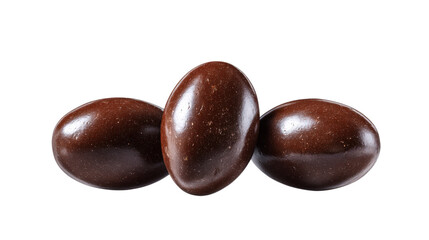 Obraz premium Three dark chocolate oval candies arranged closely together in middle of frame, sweet confectionery, luxury treat, dark brown color, round shape