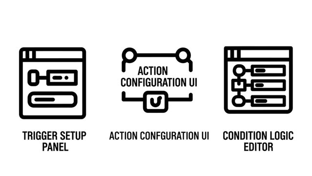 Software UI Configuration Icons for Trigger Setup Action Settings and Logic Condition Editor Workflow