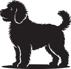 Obraz premium Black silhouette of fluffy poodle dog standing sideways on isolated