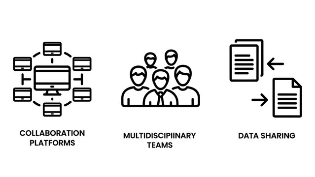 Business collaboration icon set illustrating multidisciplinary teams, digital sharing platforms, and document data exchange for corporate project management.