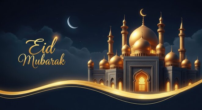 Eid mubarak wishes beautiful mosque at night with crescent moon and golden lights