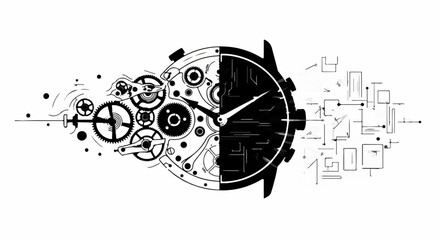 Intricate watch mechanism dissolving into abstract digital elements, symbolizing time and technology.