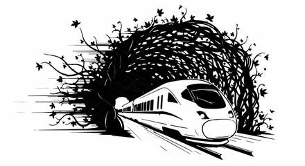 Modern train emerges from a stylized tunnel of organic growth, symbolizing speed and nature's embrace.