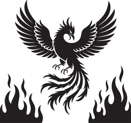 Obraz premium Powerful phoenix bird rising from flames silhouette fire mythology