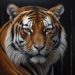 Obraz premium Elegant fine art painting of a majestic tiger portrait featuring dramatic lighting and a powerful, intense gaze