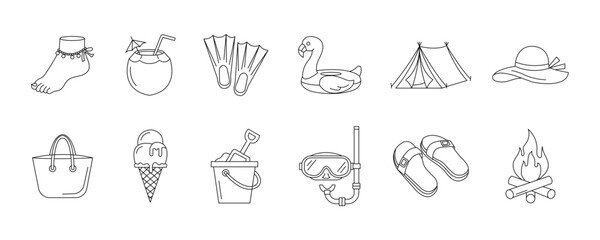 Beach and camping summer line icon set.  Editable stroke. Vector illustration. © Designstore8
