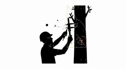 Arborist in silhouette carefully measuring tree health with precision tools