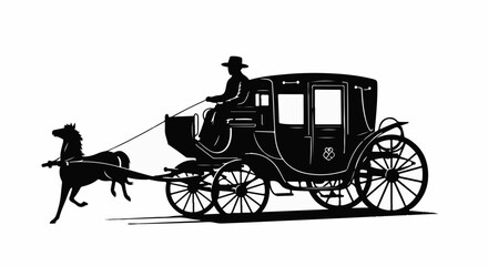 Silhouette of a horse-drawn carriage with a driver in motion