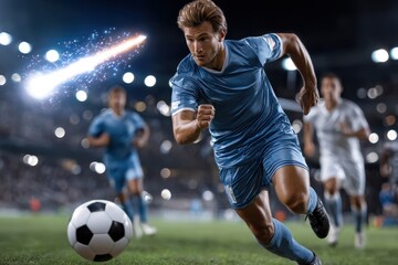 Naklejka premium Soccer player running with ball on field at night