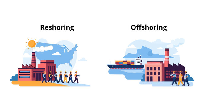 Reshoring and Offshoring Business Concept Illustration: Domestic vs. International Manufacturing, Supply Chain, and Production Decisions