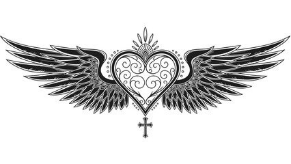 Obraz premium Elaborate heart tattoo design with majestic spread wings and religious cross symbol in black and white gothic tribal style.