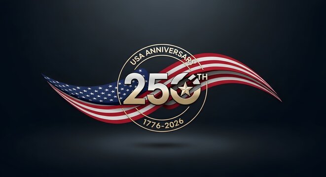 USA 250th Anniversary Logo with American Flag Ribbon on Dark Background, United States Semiquincentennial Celebration 1776-2026