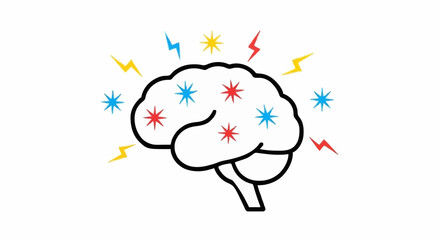 Dynamic conceptual illustration of a human brain bursting with colorful sparks and lightning bolts, symbolizing active thought, innovation, and vibrant cognitive energy
