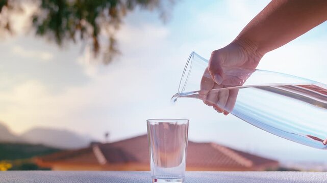 Woman Serving Fresh Drinking Water from Jug into Cup in Natural Countryside Setting