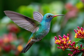 Fototapeta premium A Vibrant Hummingbird Hovers Near Colorful Tropical Flowers in Lush Greenery