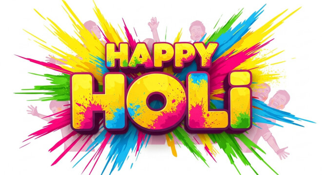 Vibrant happy holi festival celebration background with colorful paint splashes and silhouettes